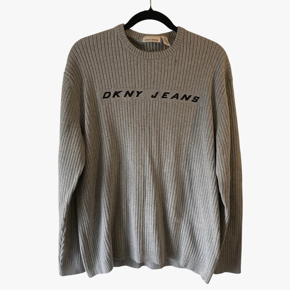 VTG DKNY Jeans Ribbed Sweater XL Ribbed Pullover Y2K 90s Gray Stretch Crew Neck